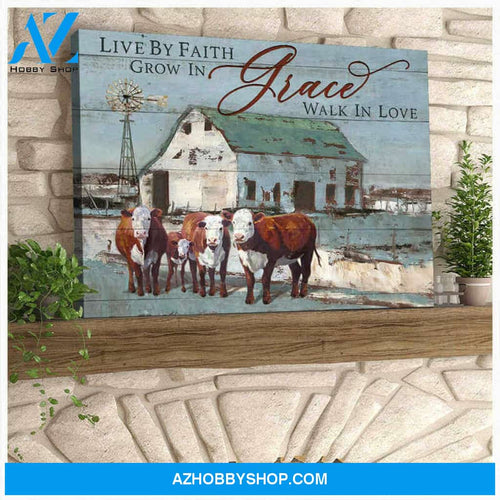 Farm Farmhouse Hereford Cows Canvas Live By Faith Canvas Poster Wall Art Prints, Farmhouse Decor