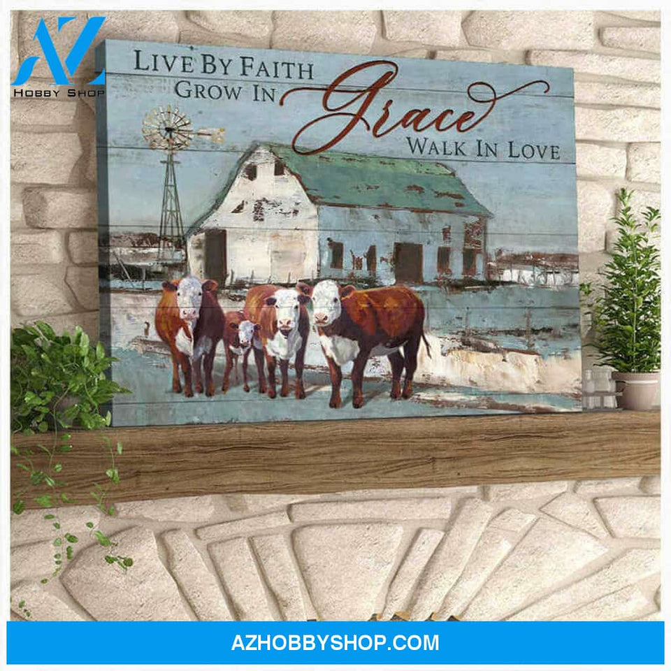 Farm Farmhouse Hereford Cows Canvas Live By Faith Canvas Poster Wall Art Prints, Farmhouse Decor