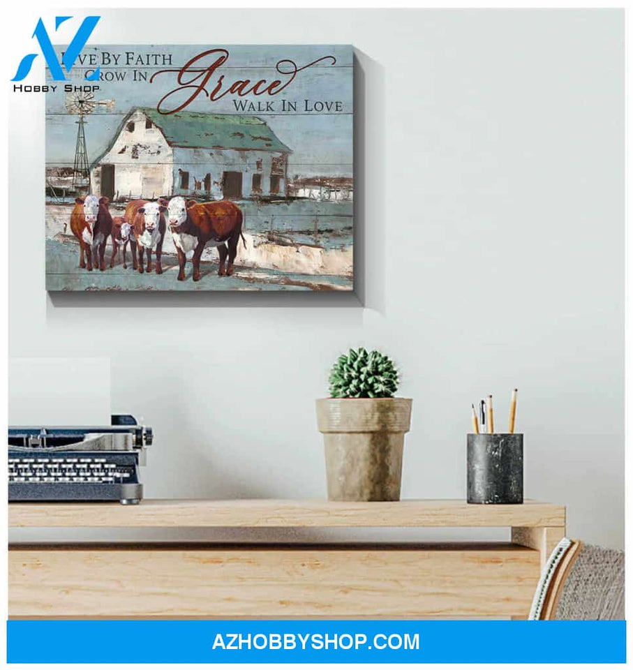 Farm Farmhouse Hereford Cows Canvas Live By Faith Wall Art Decor