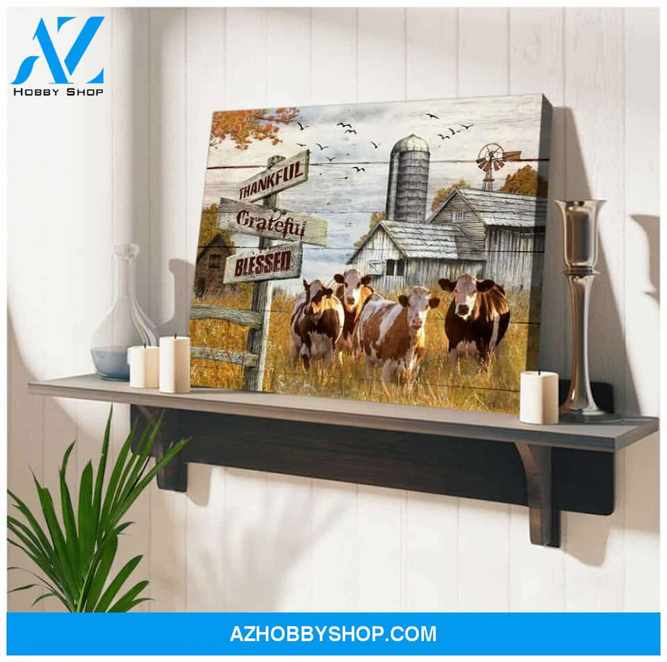 Farm Farmhouse Hereford Cows Thankful Grateful Blessed Canvas Wall Art Decor