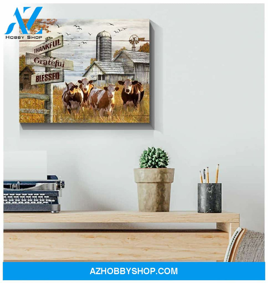 Farm Farmhouse Hereford Cows Thankful Grateful Blessed Canvas Wall Art Decor