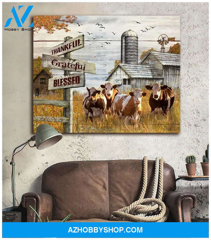 Farm Farmhouse Hereford Cows Thankful Grateful Blessed Canvas Wall Art Decor
