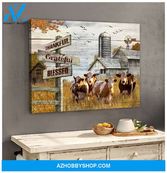 Farm Farmhouse Hereford Cows Thankful Grateful Blessed Vintage Canvas Poster Wall Art Prints, Farmhouse Decor