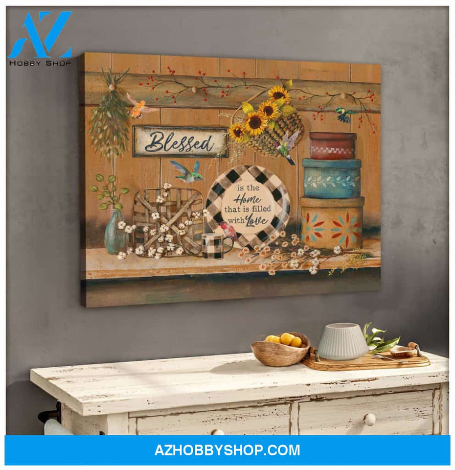 Farm Farmhouse Hummingbird Blessed is the home that is filled with love Canvas Wall Art Decor