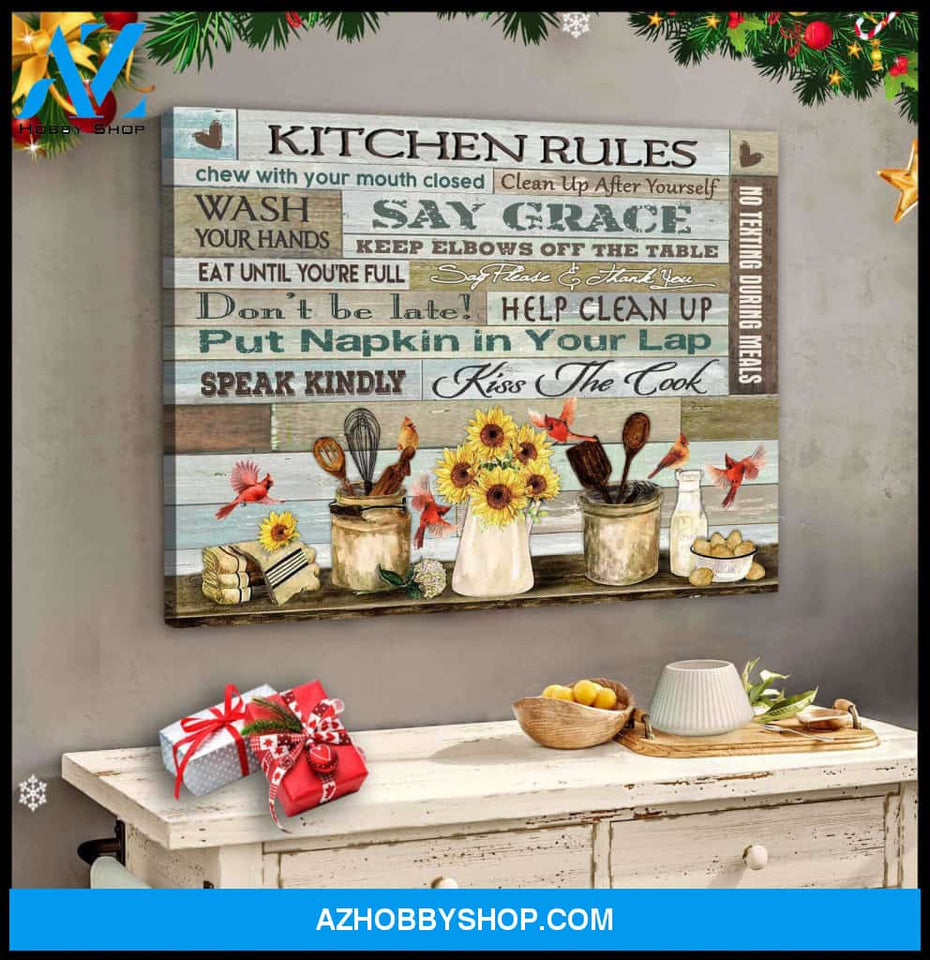Farm Farmhouse Kitchen and Cardinal Canvas Kitchen Rules Wall Art Decor
