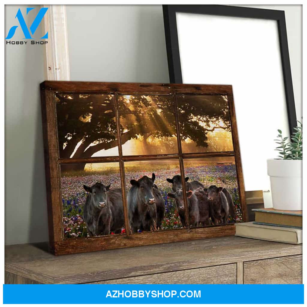 Farm Farmhouse Sunshine Field Angus Cow Window Canvas Wall Art Decor