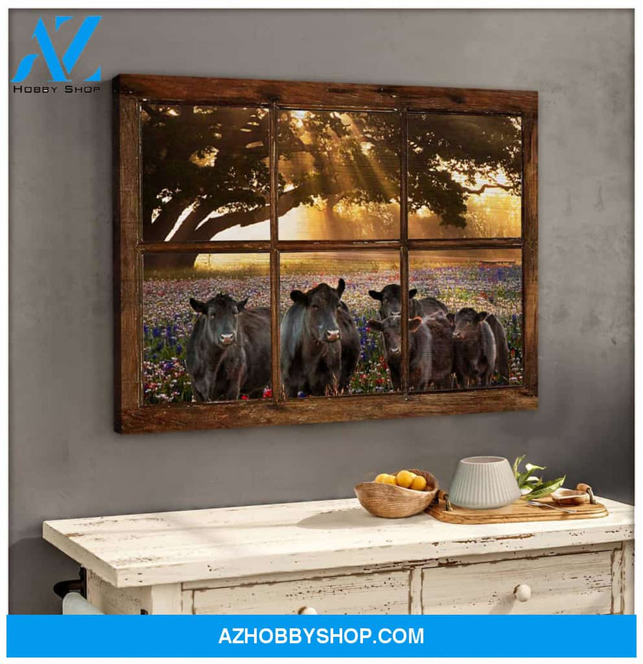 Farm Farmhouse Sunshine Field Angus Cow Window Canvas Wall Art Decor