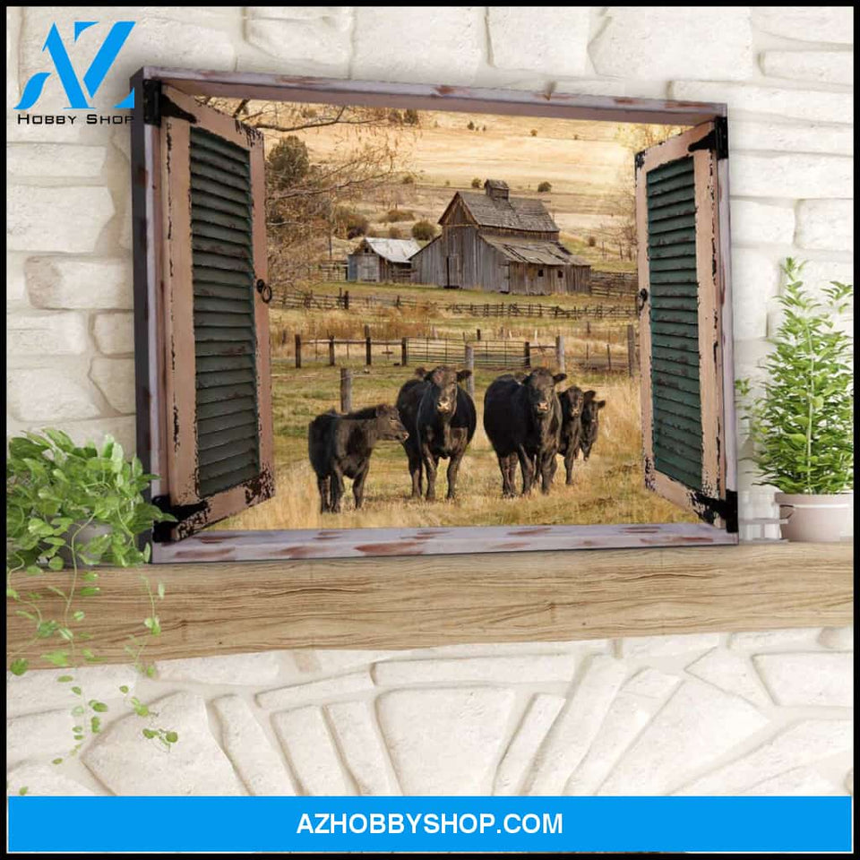 Farm Farmhouse Window Barn With Angus Cow Canvas Wall Art Decor