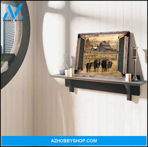 Farm Farmhouse Window Barn With Angus Cow Canvas Wall Art Decor