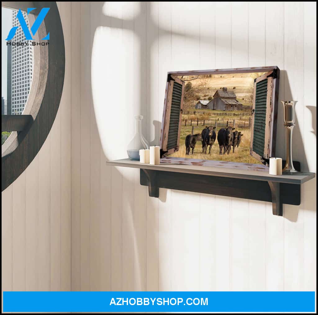 Farm Farmhouse Window Barn With Angus Cow Canvas Wall Art Decor