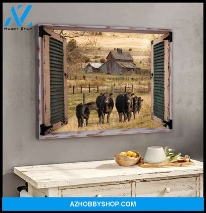 Farm Farmhouse Window Barn With Angus Cow Canvas Wall Art Decor