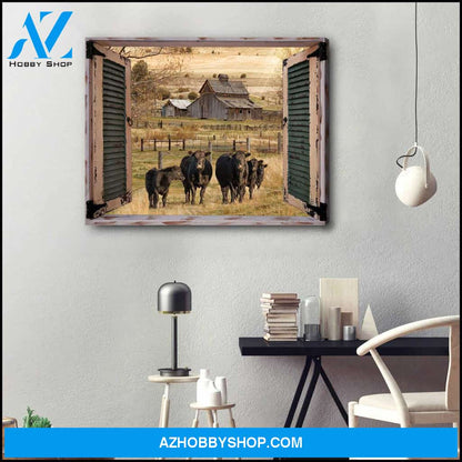 Farm Farmhouse Window Barn With Angus Cow Canvas Wall Art Decor