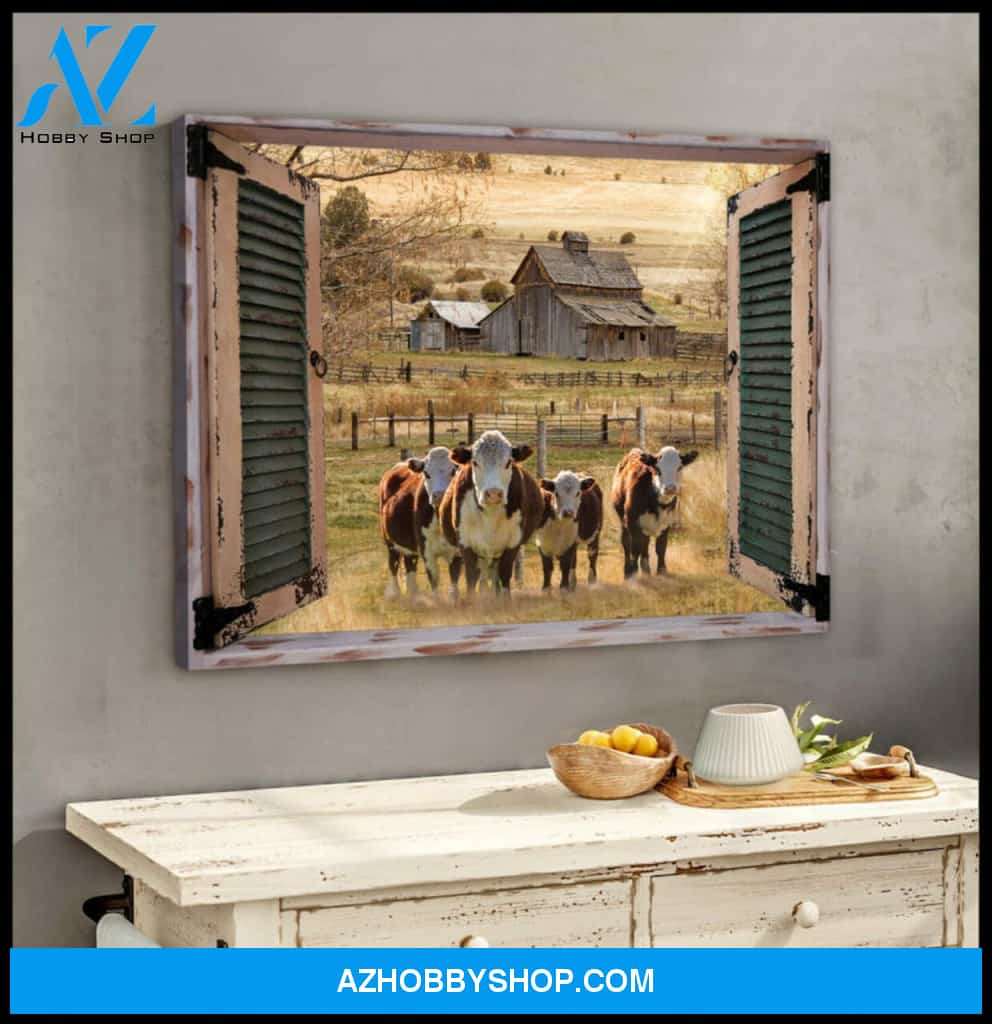 Farm Farmhouse Window Barn With Hereford Cows Canvas Wall Art, Wall Decor Visual Art Decor, Gifts For Cow Lovers