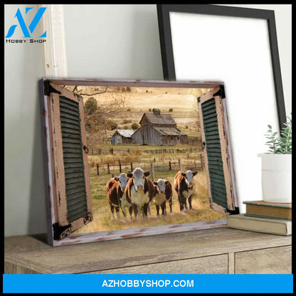 Farm Farmhouse Window Barn With Hereford Cows Canvas Wall Art, Wall Decor Visual Art Decor, Gifts For Cow Lovers