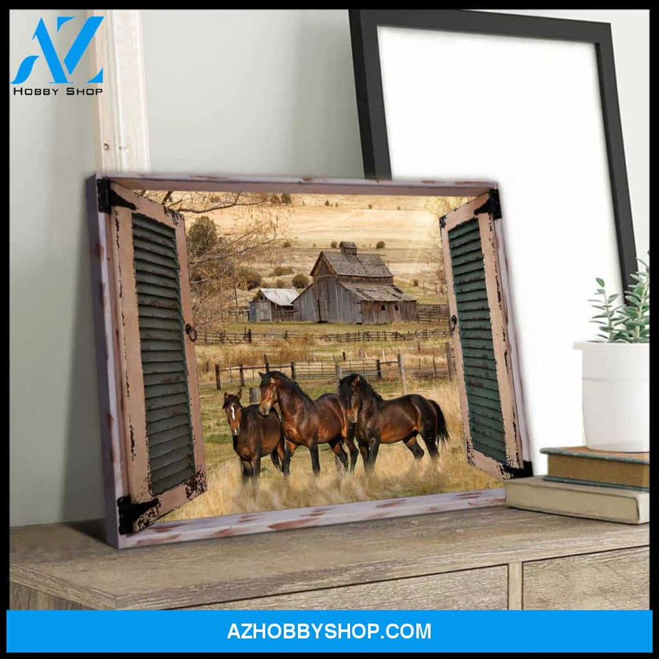 Farm Farmhouse Window Barn With Horses Canvas Wall Art Decor