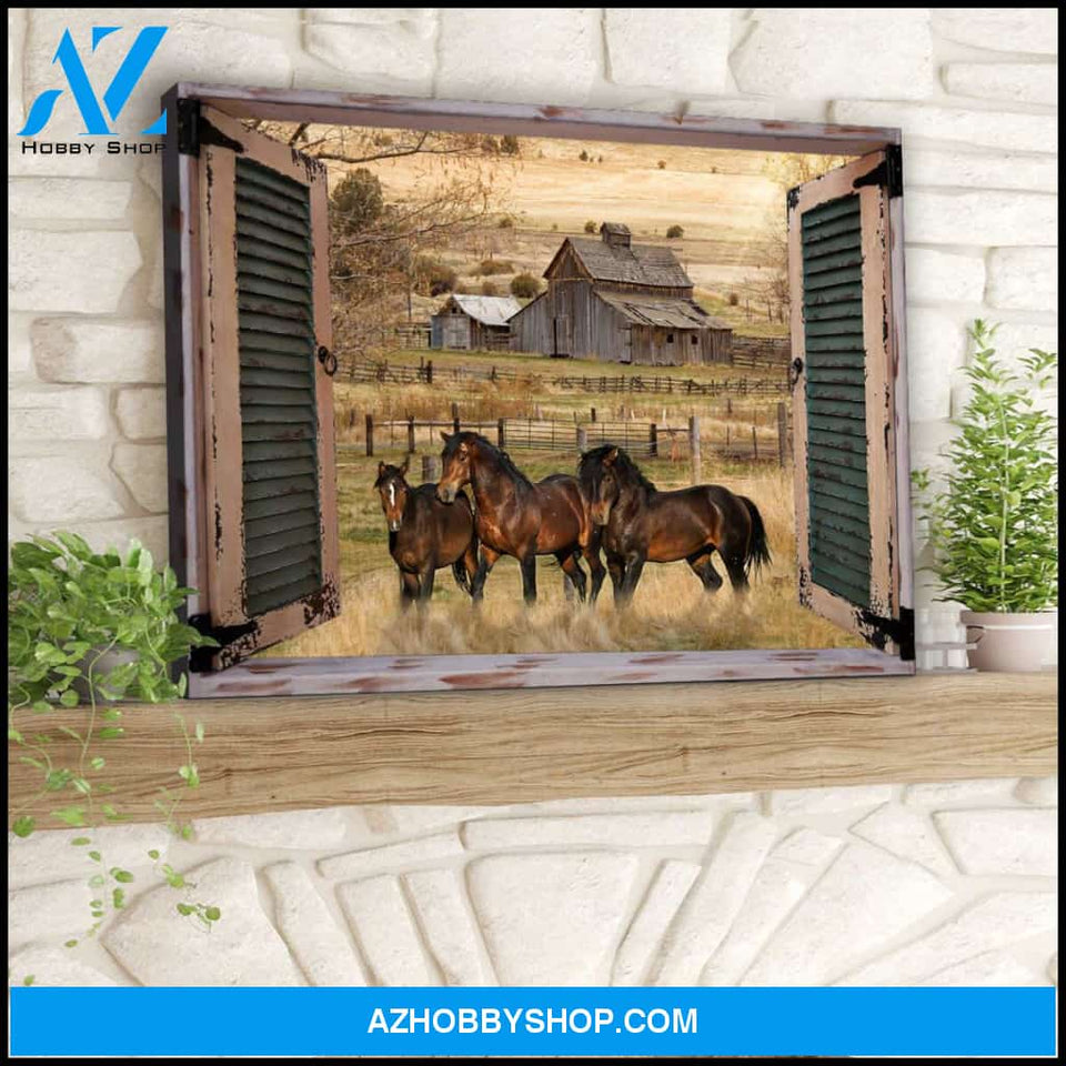 Farm Farmhouse Window Barn With Horses Canvas Wall Art Decor