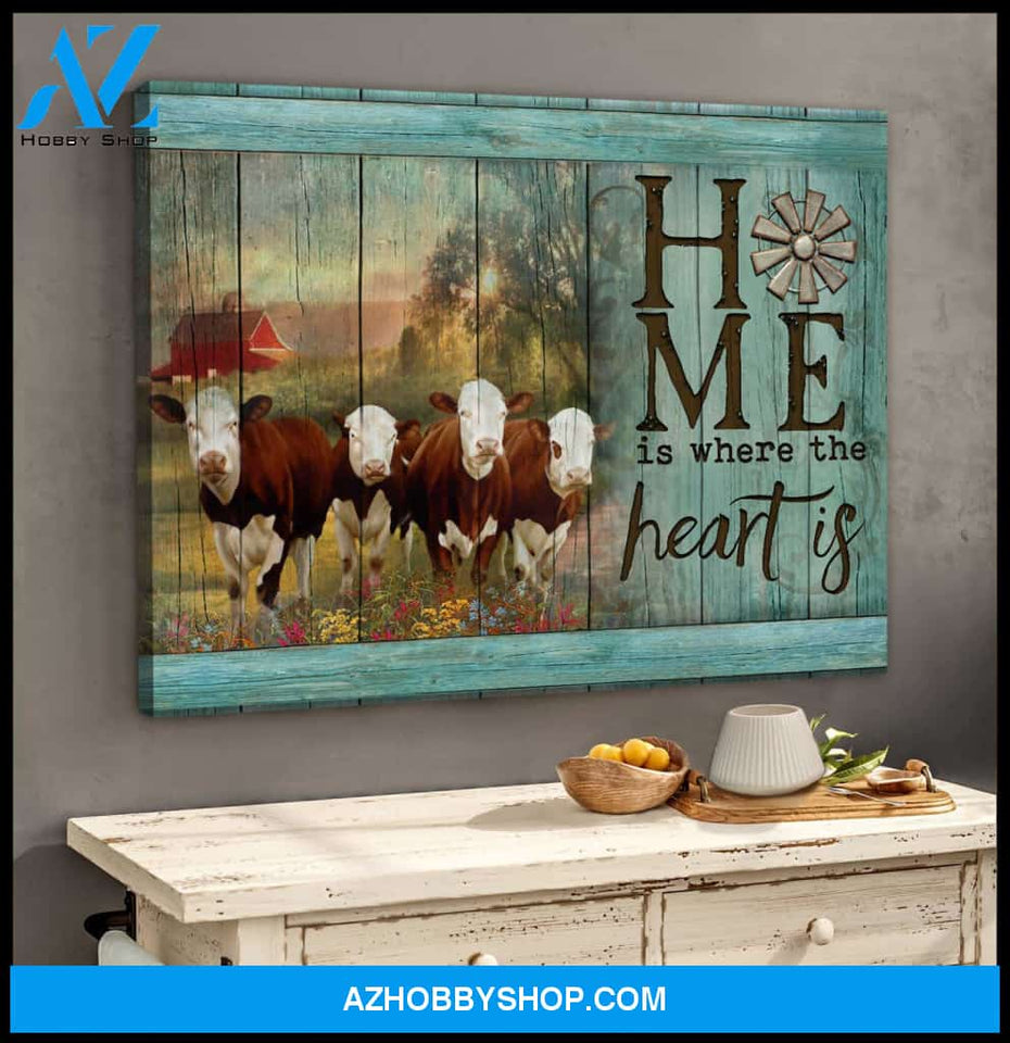 Farm Hereford Cows Home Is Where The Heart Is Canvas Wall Art Decor