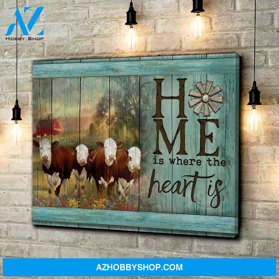 Farm Hereford Cows Home Is Where The Heart Is Canvas Wall Art Decor