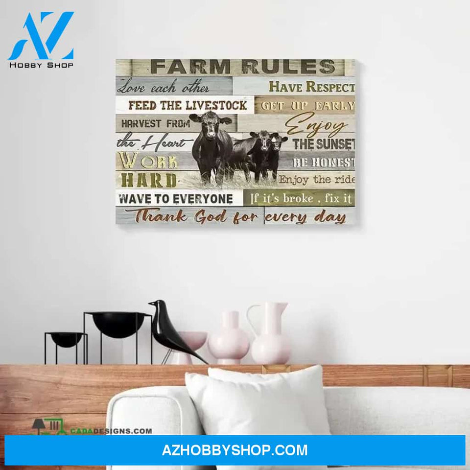 Farm Rules Thank God For Everyday Angus Cow Canvas - Wall Decor Visual Art