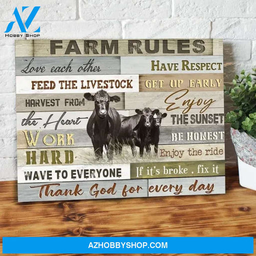 Farm Rules Thank God For Everyday Angus Cow Canvas - Wall Decor Visual Art