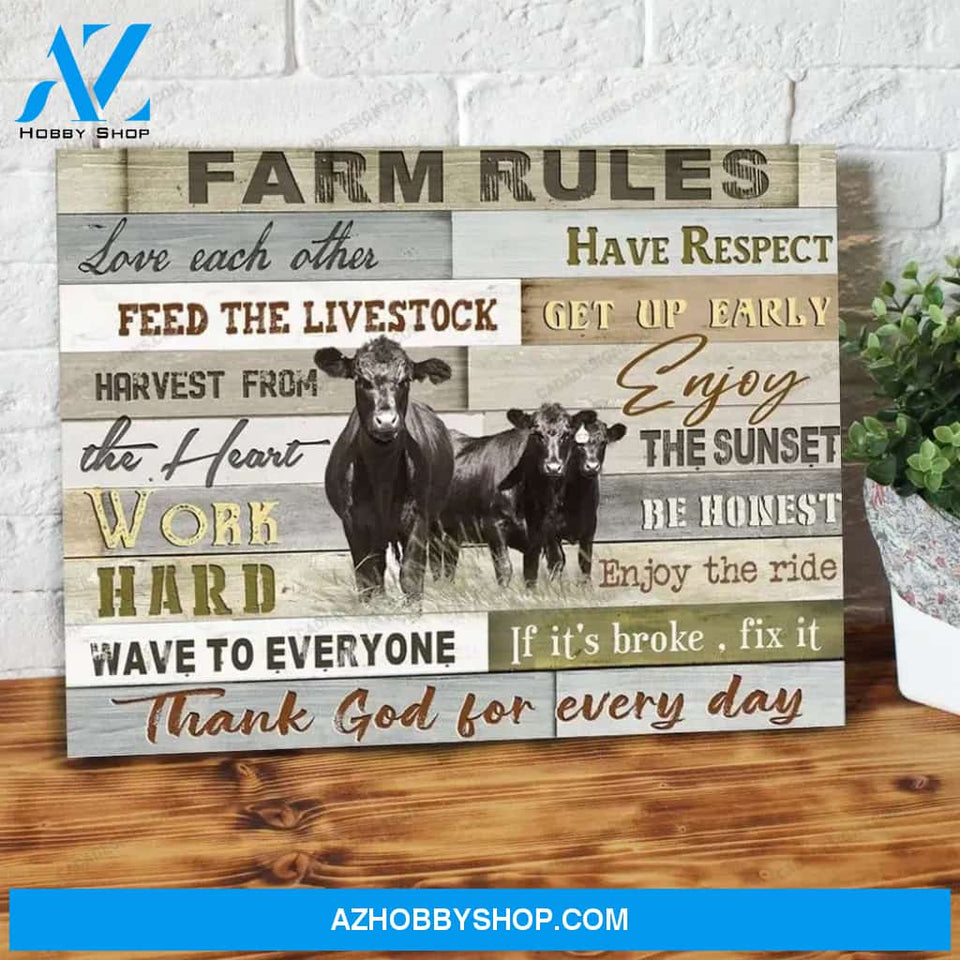 Farm Rules Thank God For Everyday Angus Cow Canvas - Wall Decor Visual Art
