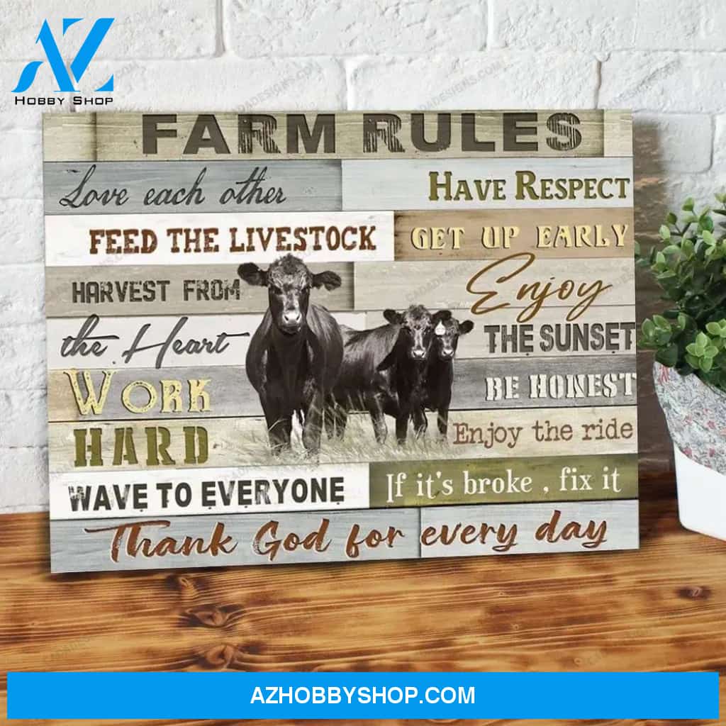 Farm Rules Thank God For Everyday Angus Cow Canvas - Wall Decor Visual Art