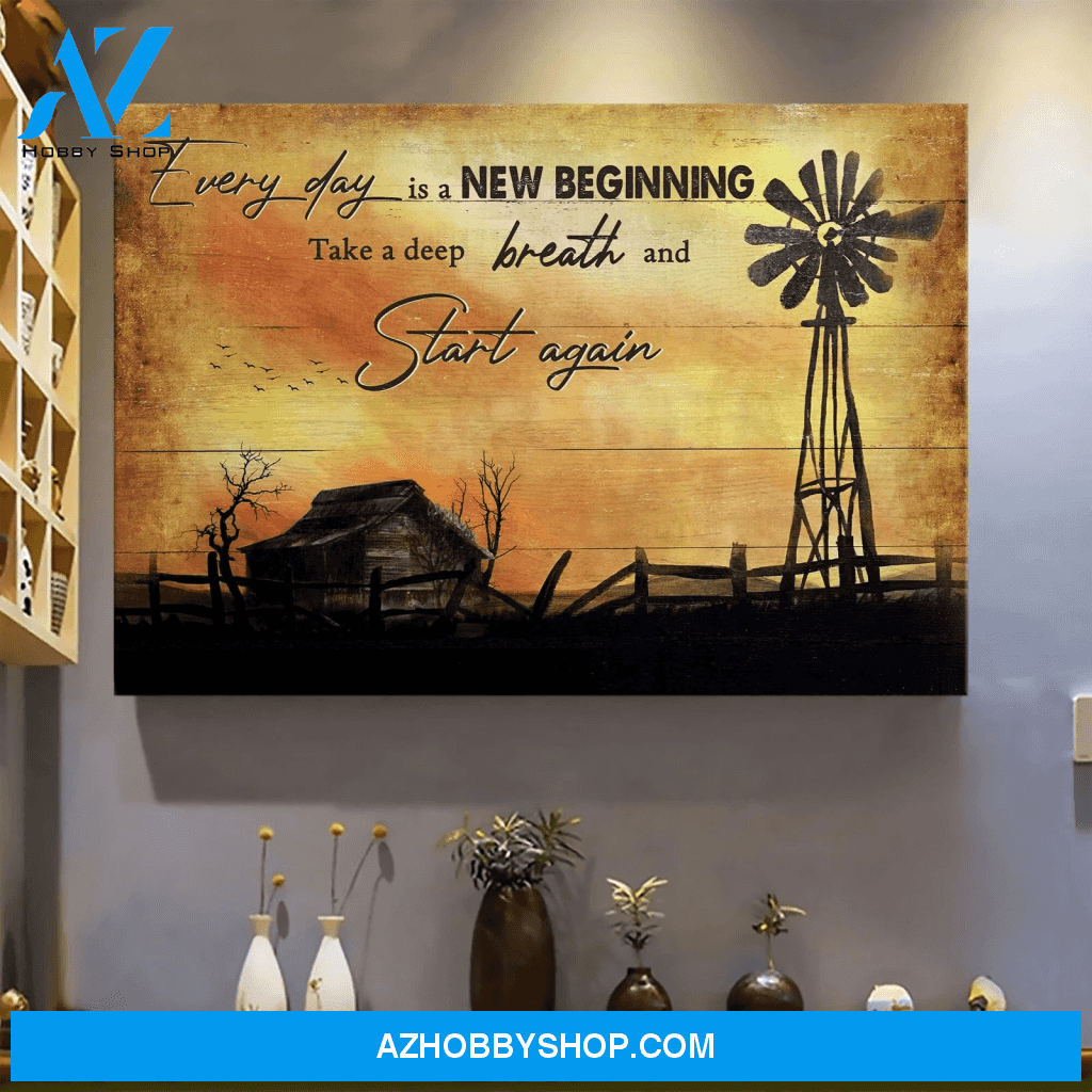 Farm Sunset Windmill Everyday Is A New Beginning Jesus Canvas Poster Wall Art Prints, Farmhouse Decor