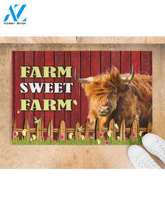 Farm Sweet Farm Highland Cow Animal Doormat Welcome Mat Farm Rug Farmer House Decor Housewarming Gift Gift for Famer Friend Family Gift for Farm Animal Lovers