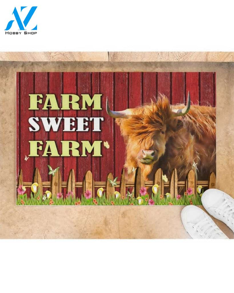 Farm Sweet Farm Highland Cow Animal Doormat Welcome Mat Farm Rug Farmer House Decor Housewarming Gift Gift for Famer Friend Family Gift for Farm Animal Lovers