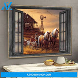 Farmers Couple Working With Horses Out of Window for Lovers Canvas Poster Wall Art Prints, Farmhouse Decor