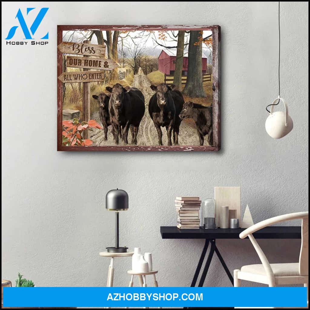 Farmhouse Angus Cows Bless This Home Canvas Wall Art Decor