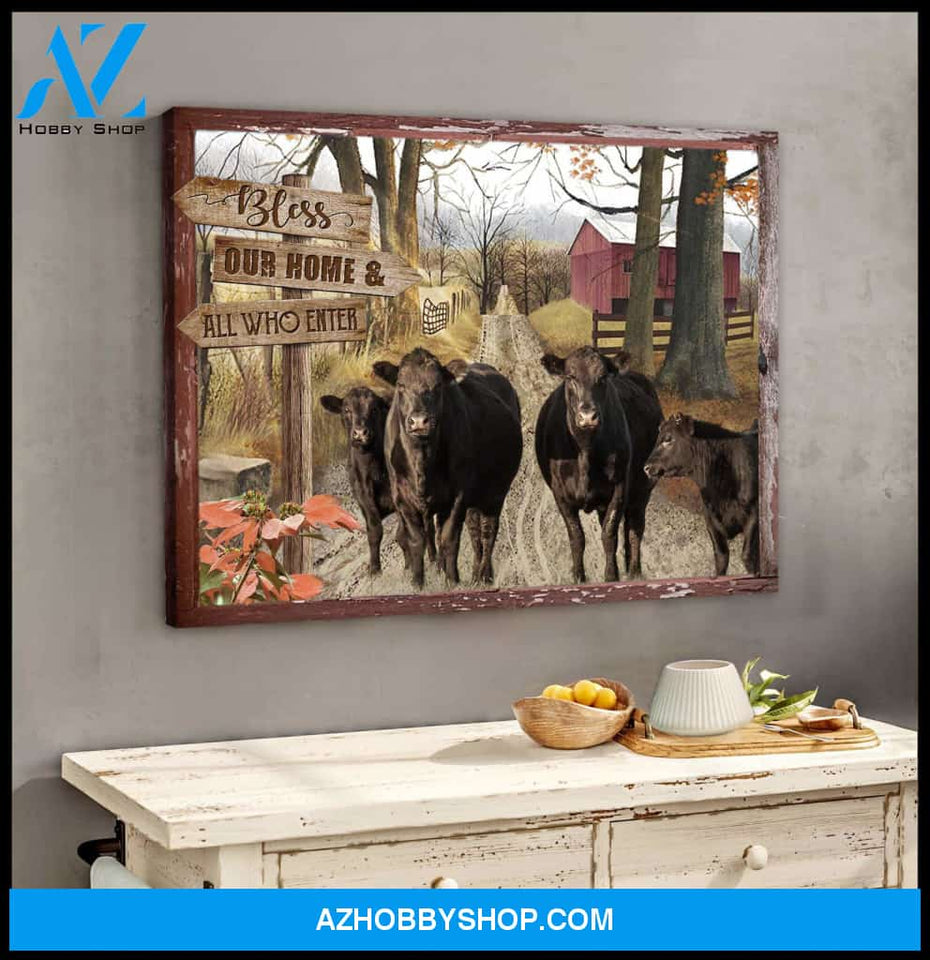 Farmhouse Angus Cows Bless This Home Canvas Wall Art Decor