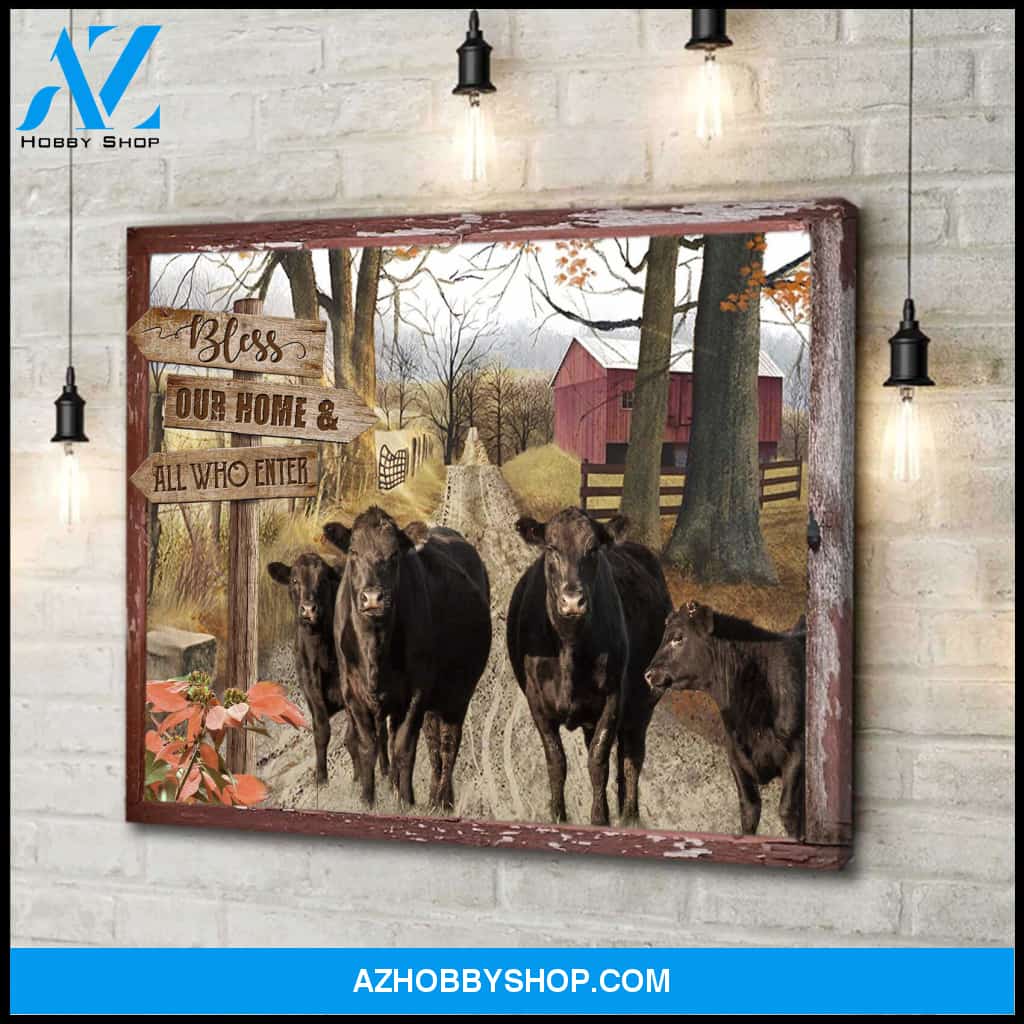 Farmhouse Angus Cows Bless This Home Canvas Wall Art Decor