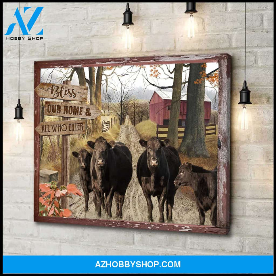 Farmhouse Angus Cows Bless This Home Canvas Wall Art Decor