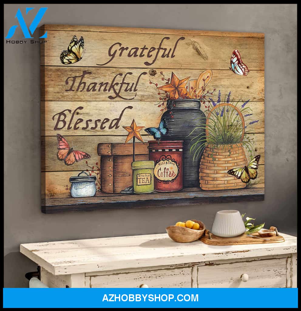 Farmhouse Butterflies Canvas Grateful Thankful Blessed Wall Art Decor