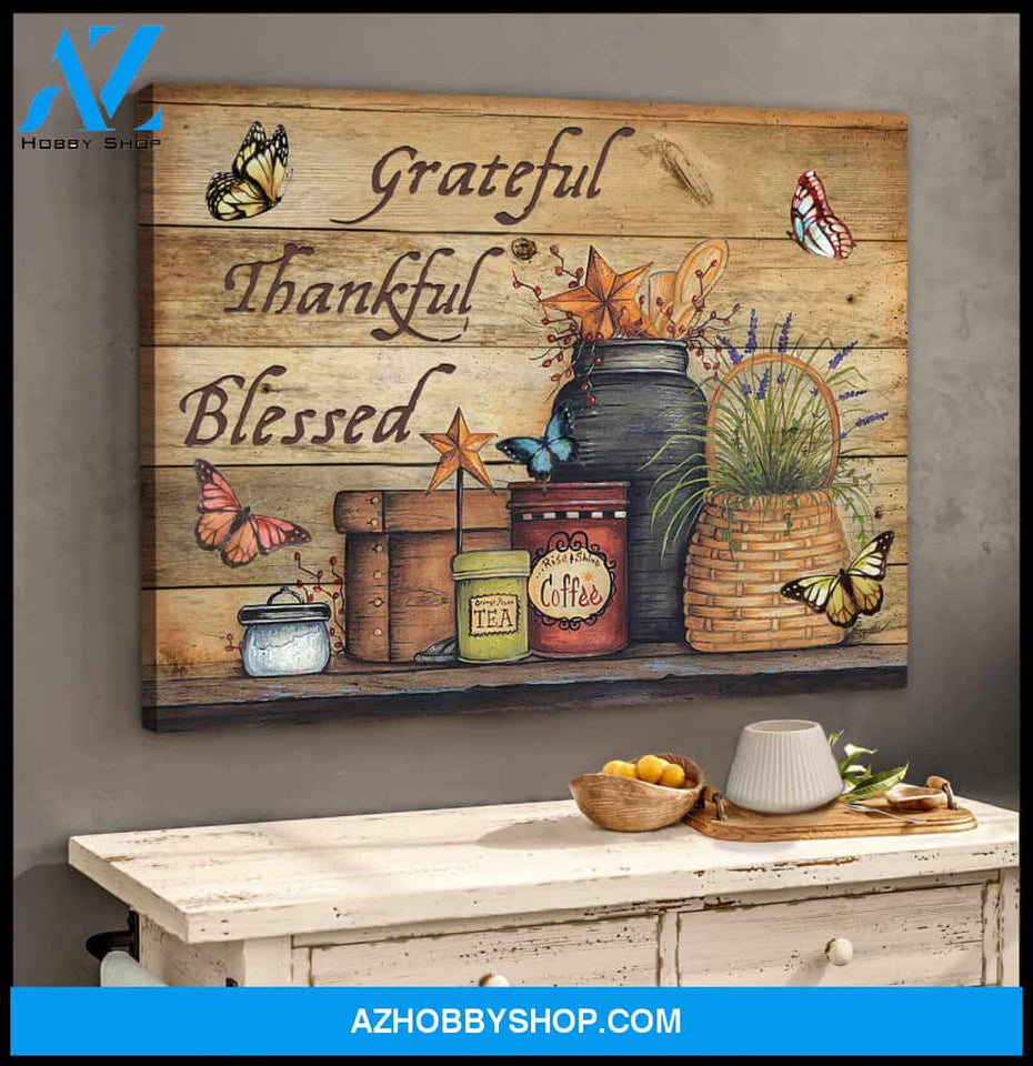 Farmhouse Butterflies Canvas Grateful Thankful Blessed Wall Art Decor