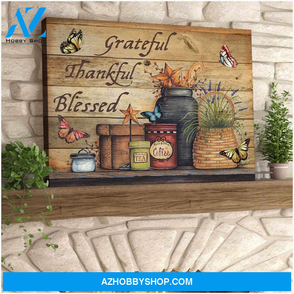 Farmhouse Butterflies Grateful Thankful Blessed Canvas Wall Art, Wall Decor Visual Art