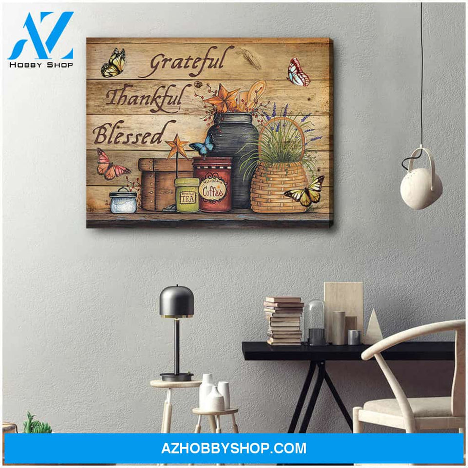 Farmhouse Butterflies Grateful Thankful Blessed Canvas Wall Art, Wall Decor Visual Art