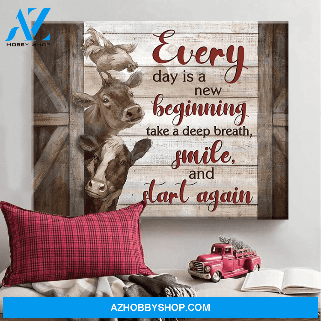 Farmhouse Cow And Chicken Canvas Wall Art, Everyday Is A New Beginning Wall Decor Visual Art Gift Idea For Farmer