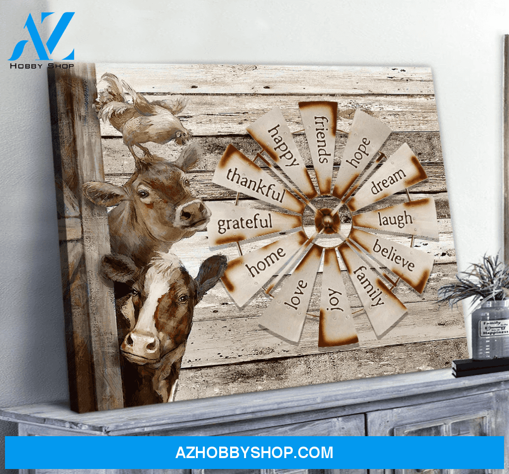 Farmhouse Cow And Chicken Poster Windmill Barn Wall Art, Wall Decor Gift Idea For Farmer Housewares