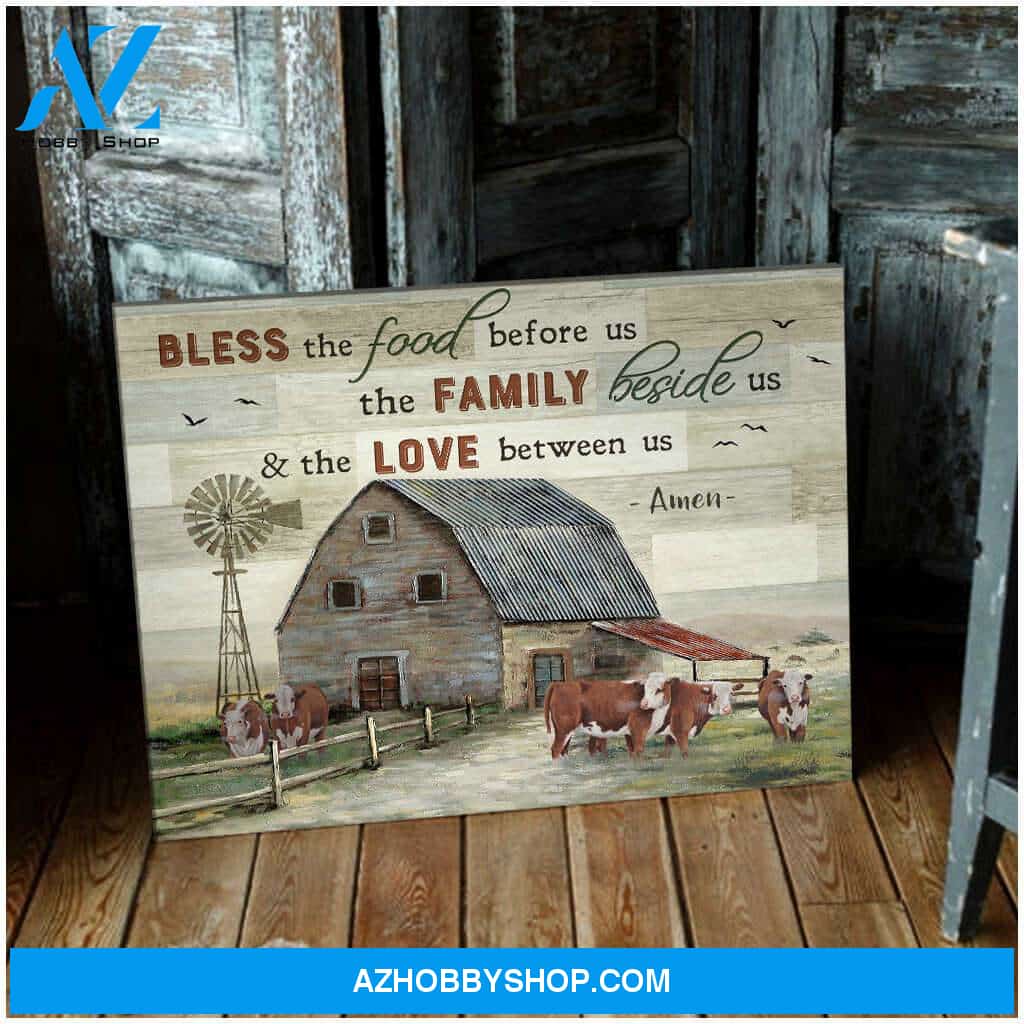Farmhouse Hereford Cows Bless the food before us Farm Canvas Wall Art Decor