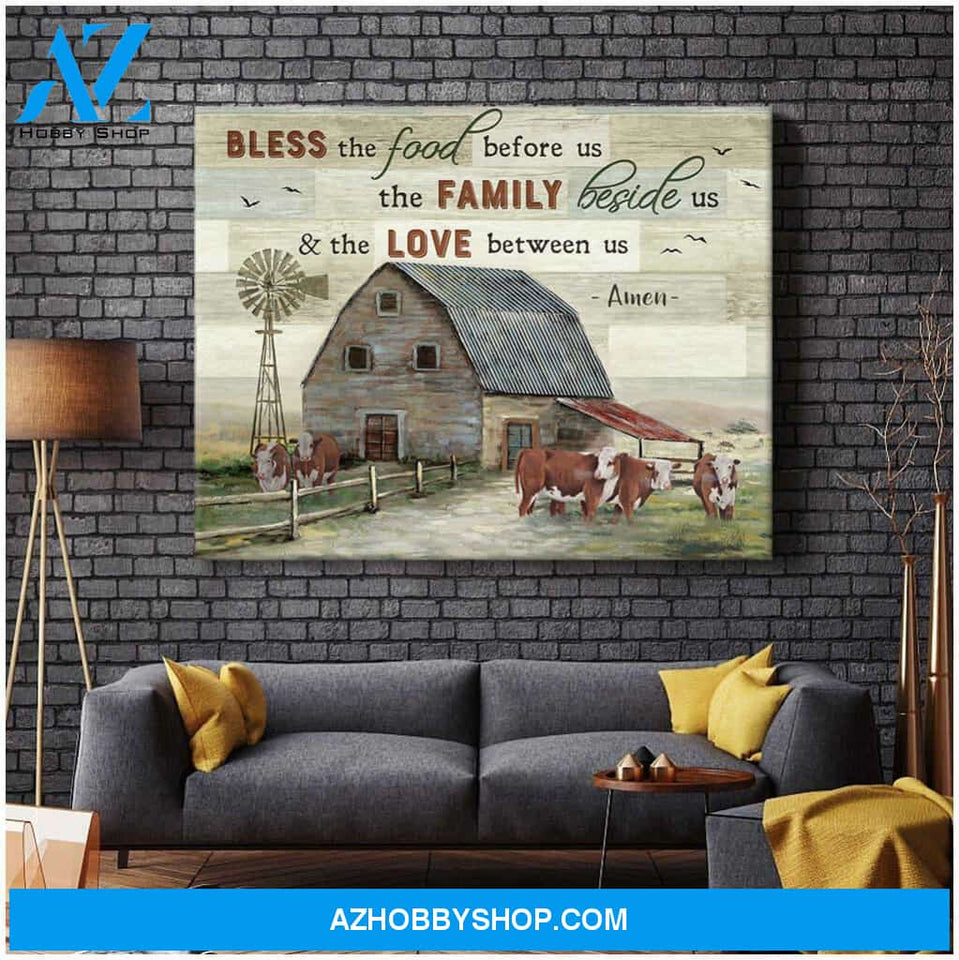Farmhouse Hereford Cows Bless the food before us Farm Canvas Wall Art Decor