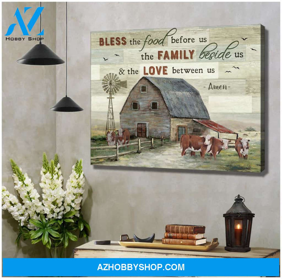 Farmhouse Hereford Cows Bless the food before us Farm Canvas Wall Art Decor