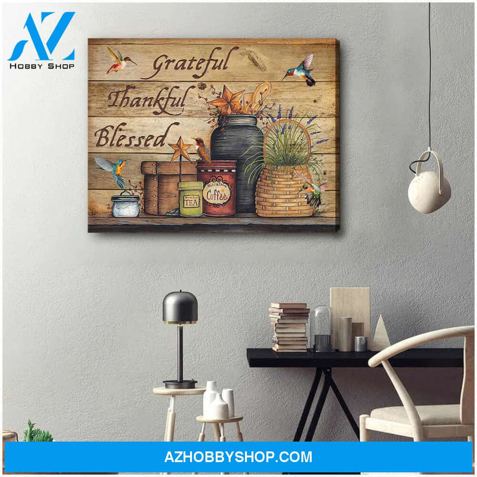 Farmhouse Hummingbirds Canvas Grateful Thankful Blessed Wall Art Decor