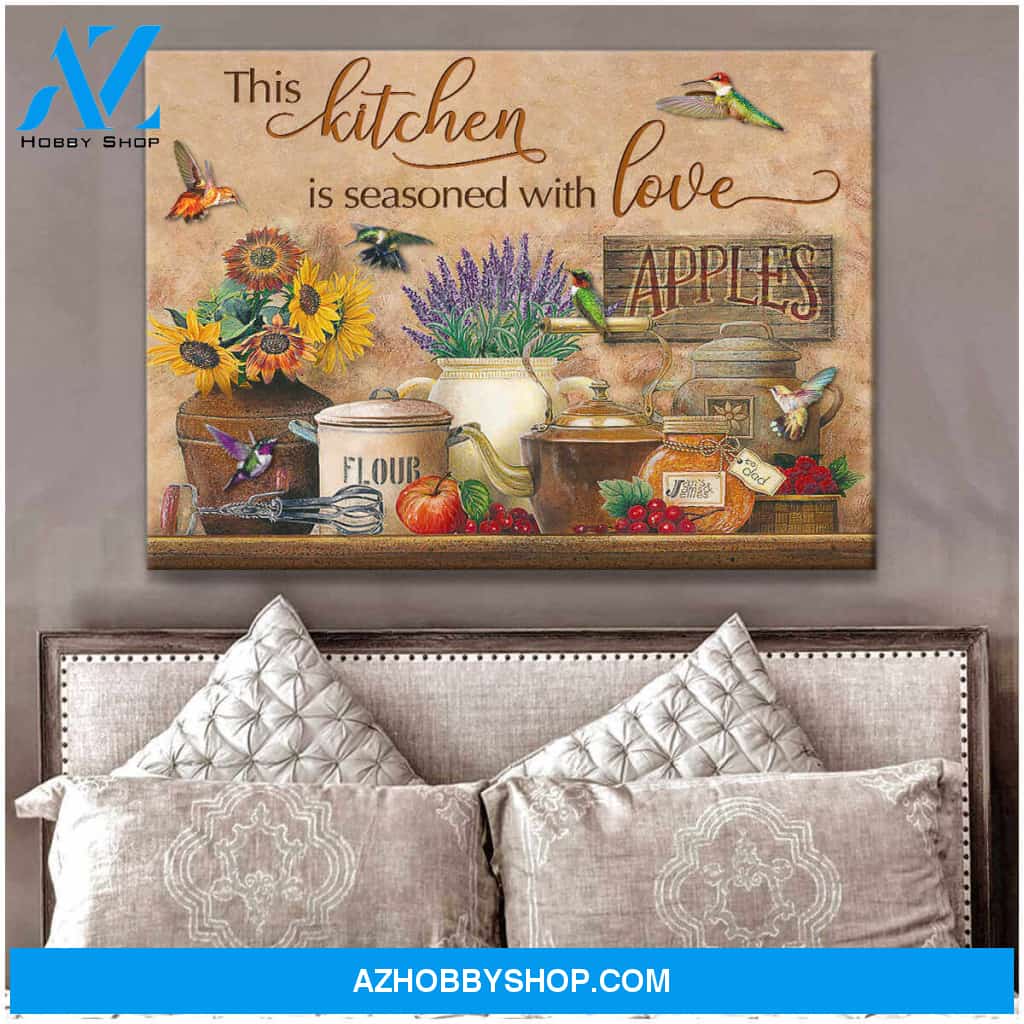 Farmhouse Kitchen and Hummingbird This kitchen is seasoned with love Canvas Wall Art Decor