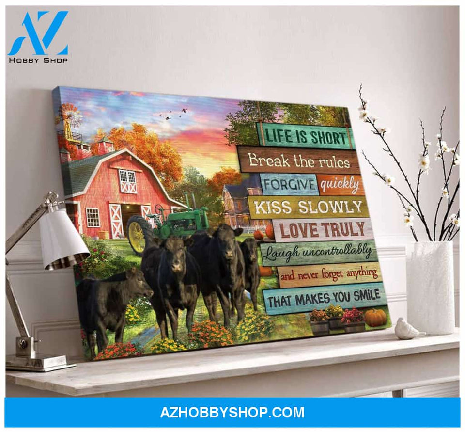 Farmhouse Life Is Short Break The Rules Angus Cows Canvas Wall Art Decor