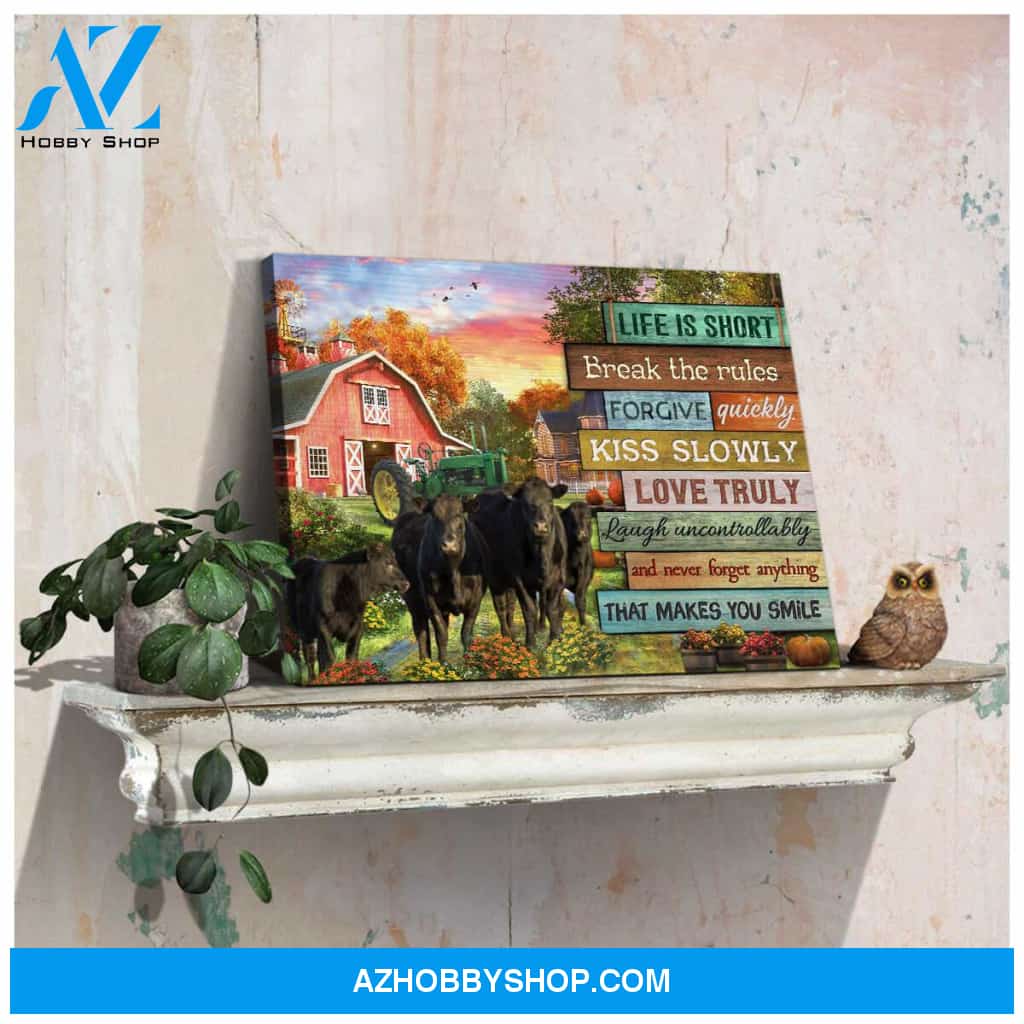 Farmhouse Life Is Short Break The Rules Angus Cows Canvas Wall Art Decor