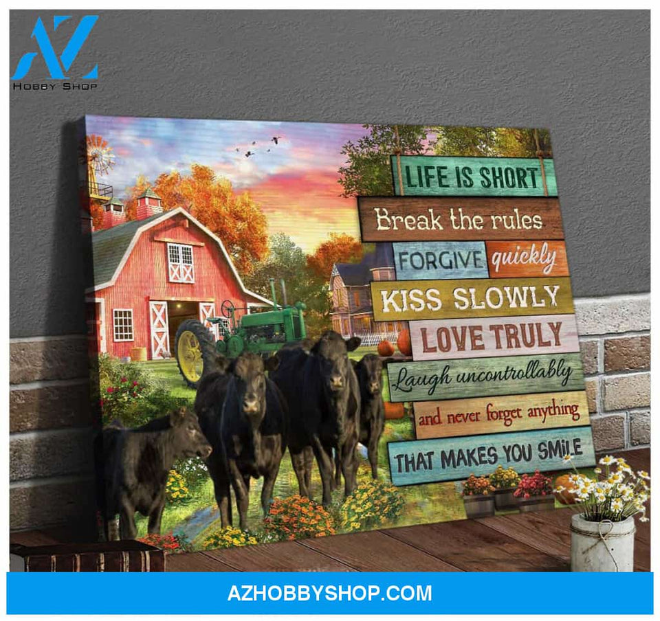 Farmhouse Life Is Short Break The Rules Angus Cows Canvas Wall Art Decor