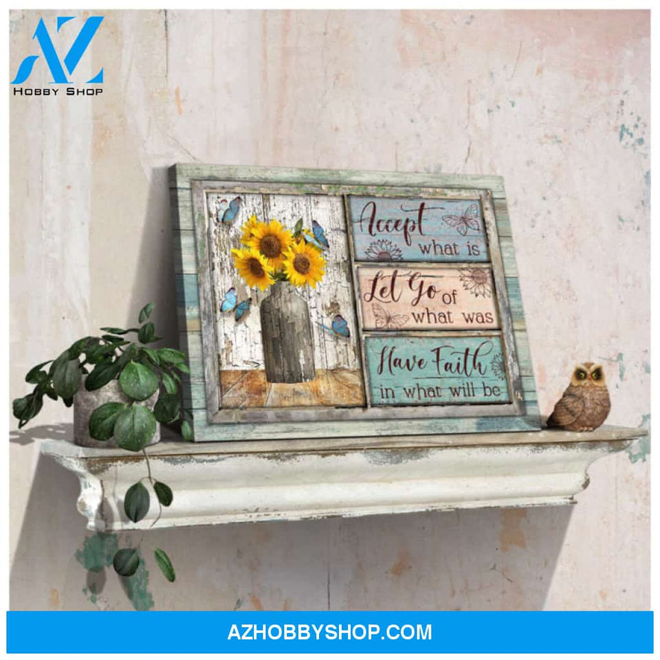 Farmhouse Wall Art Decor Canvas Accept what is Sunflower and Butterflies on Rustic Wood Ohcanvas