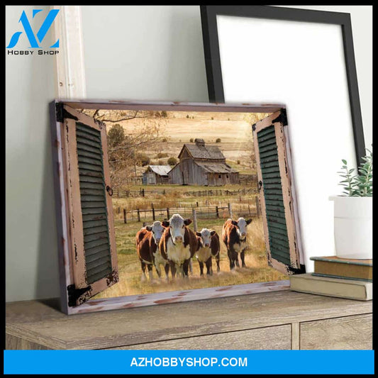 Farmhouse Window Barn With Hereford Cows Canvas And Poster, Wall Decor Visual Art